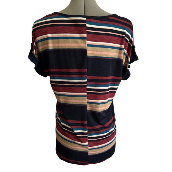 Late August Striped Multicolor Short Sleeve Top With Keyhole Neckline, Size Med - Picture 3 of 8